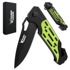 Rush Deer Pocket Knife, Folding Knife with Clip, Glass Breaker, Seat belt Cutter. Unique Fathers Day Gift for Dad. Cool Small EDC Knife for Survival Hiking etc. Gifts for Men Women