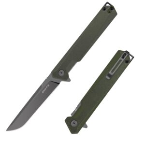 emhiii flipper pocket folding knife: 3.54" d2 steel black blade, g10 scales, slim edc knives with reversible deep clip for men and women，green