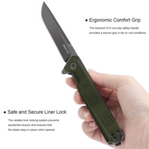 EMHiii Flipper Pocket Folding Knife: 3.54" D2 Steel Black Blade, G10 Scales, Slim EDC Knives with Reversible Deep Clip for Men and Women，Green