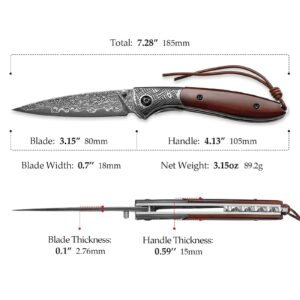 TRIVISA 3.15" Handmade Damascus Folding Pocket Knife，EDC Knives Gift for Men，Brown Bone Handle，Ceramic Bearings，Thumb Stud, Steel Bolster, Liner Lock.Piscis Austrinus-02B