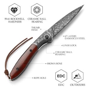 TRIVISA 3.15" Handmade Damascus Folding Pocket Knife，EDC Knives Gift for Men，Brown Bone Handle，Ceramic Bearings，Thumb Stud, Steel Bolster, Liner Lock.Piscis Austrinus-02B