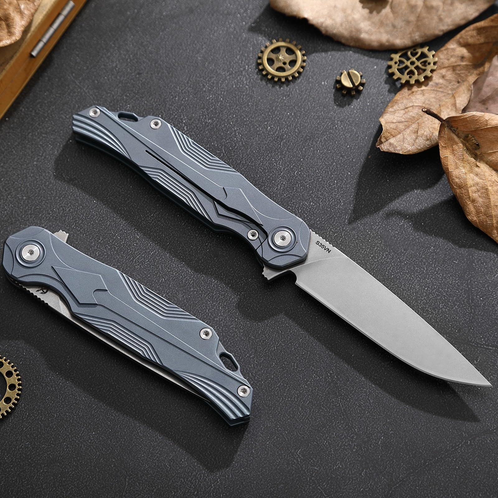 KWINKIN EDC Pocket Folding Knife, S35VN Blade Folding Knife, Blue Titanium Handle, Lined Locking Construction, Suitable for Men and Women's Daily Carry, Lightweight and Practical.