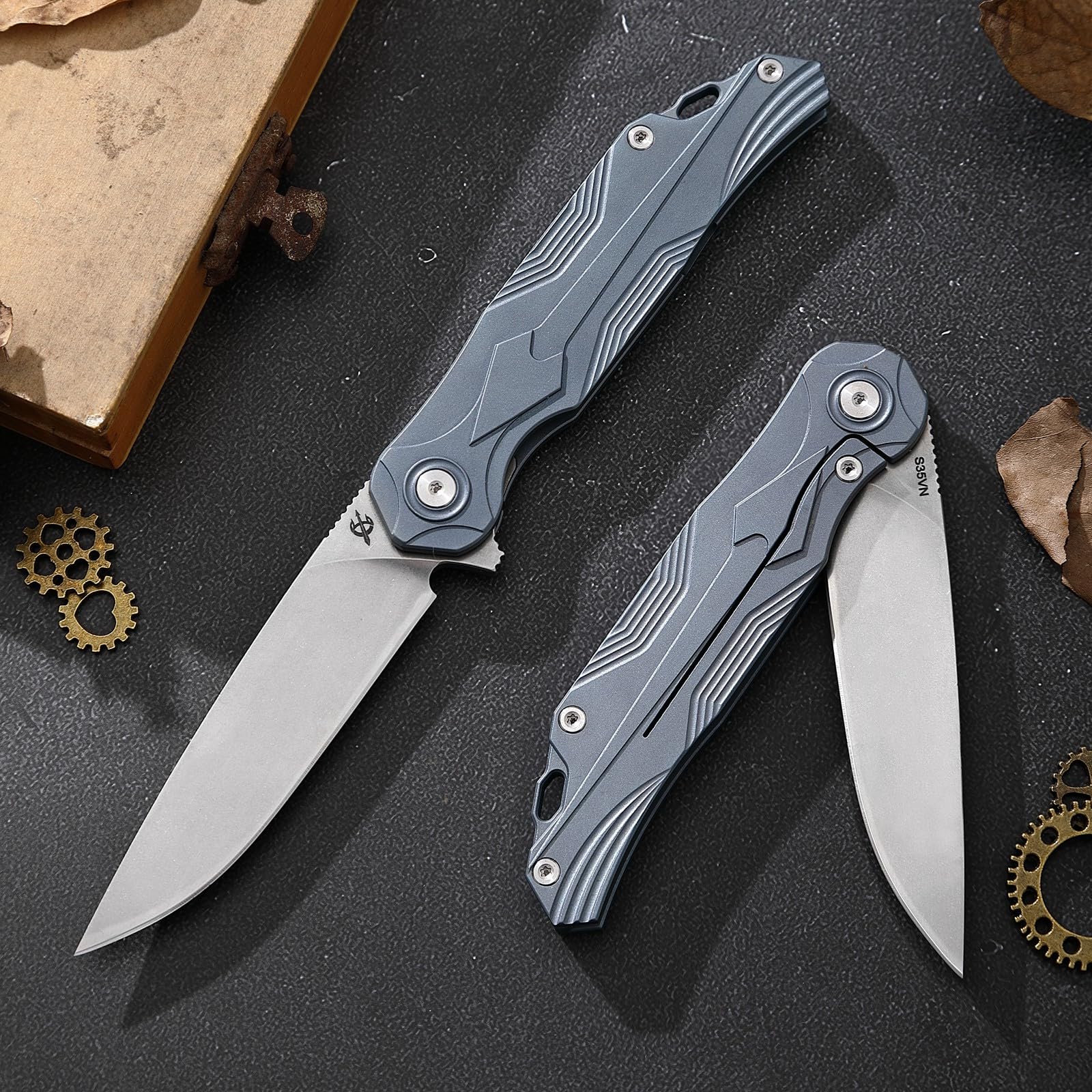 KWINKIN EDC Pocket Folding Knife, S35VN Blade Folding Knife, Blue Titanium Handle, Lined Locking Construction, Suitable for Men and Women's Daily Carry, Lightweight and Practical.