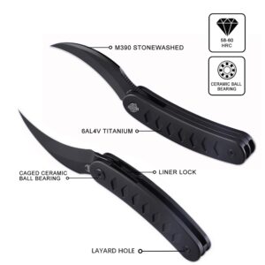 Cavol Knife Kage-C03 Front Flipper Knife,2.52" M390 Stonewashed Blade Pocket Knife,3.39" 6AL4V Titanium Handle,Ceramic Ball Bearing with Liner Lock,Outdoor Folding Knife (Black)