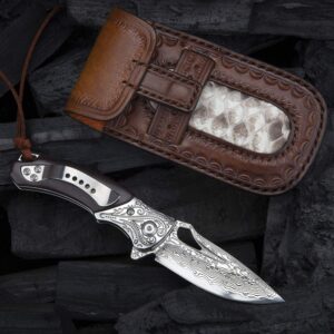 SPIRIT DEED outdoor folding pocket knives with sheath,handmade japanese vg10 damascus steel,rosewood handle,pocket clip for carving camping paring