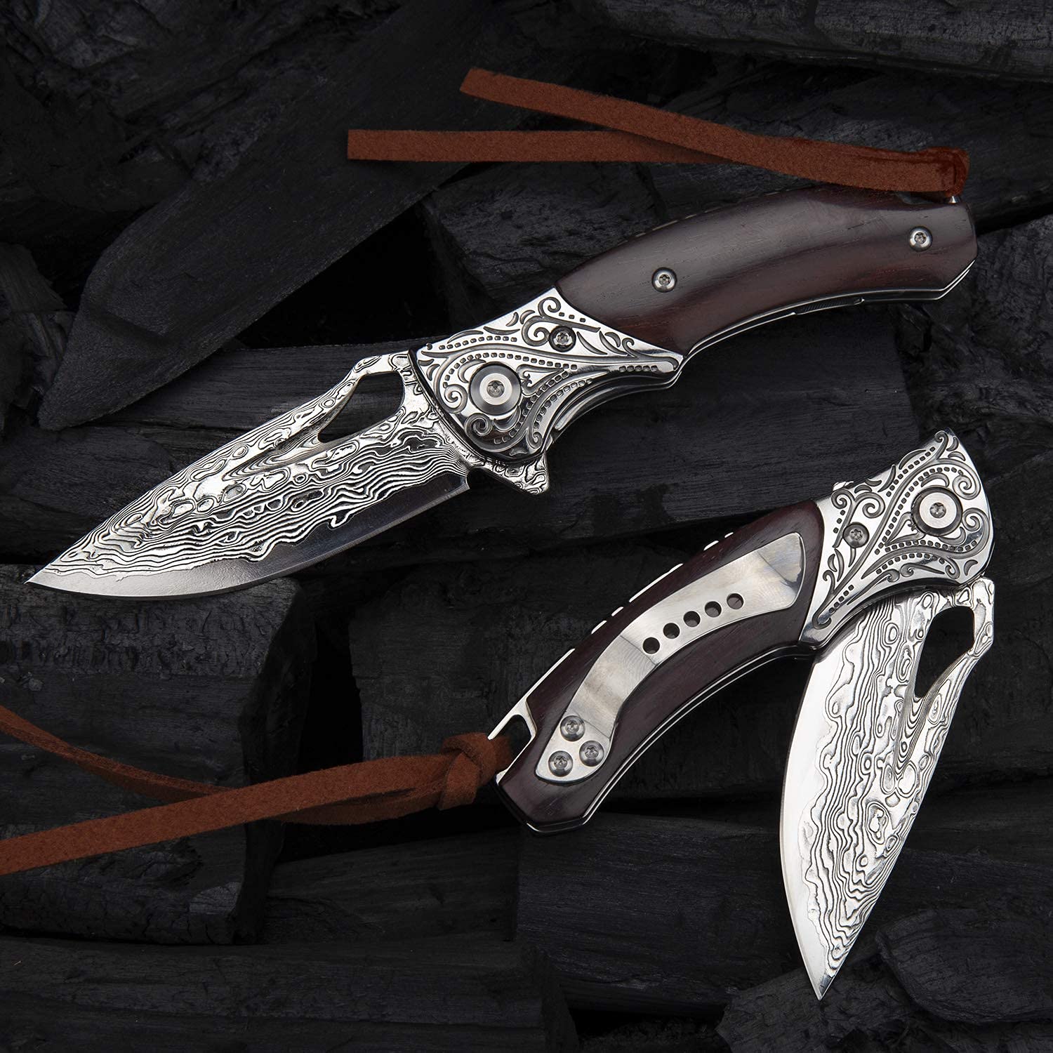 SPIRIT DEED outdoor folding pocket knives with sheath,handmade japanese vg10 damascus steel,rosewood handle,pocket clip for carving camping paring