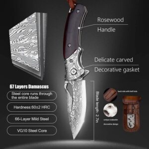 SPIRIT DEED outdoor folding pocket knives with sheath,handmade japanese vg10 damascus steel,rosewood handle,pocket clip for carving camping paring