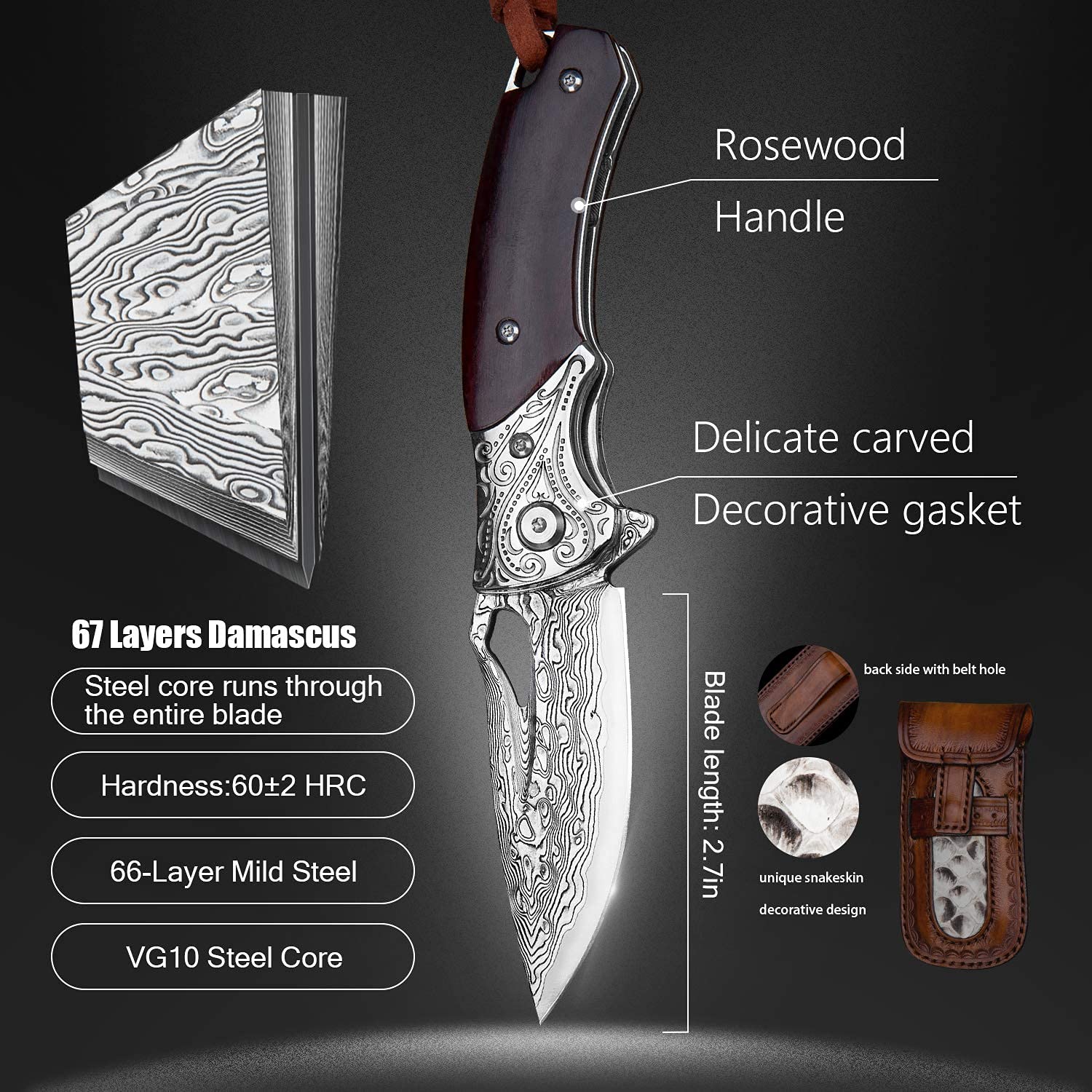 SPIRIT DEED outdoor folding pocket knives with sheath,handmade japanese vg10 damascus steel,rosewood handle,pocket clip for carving camping paring