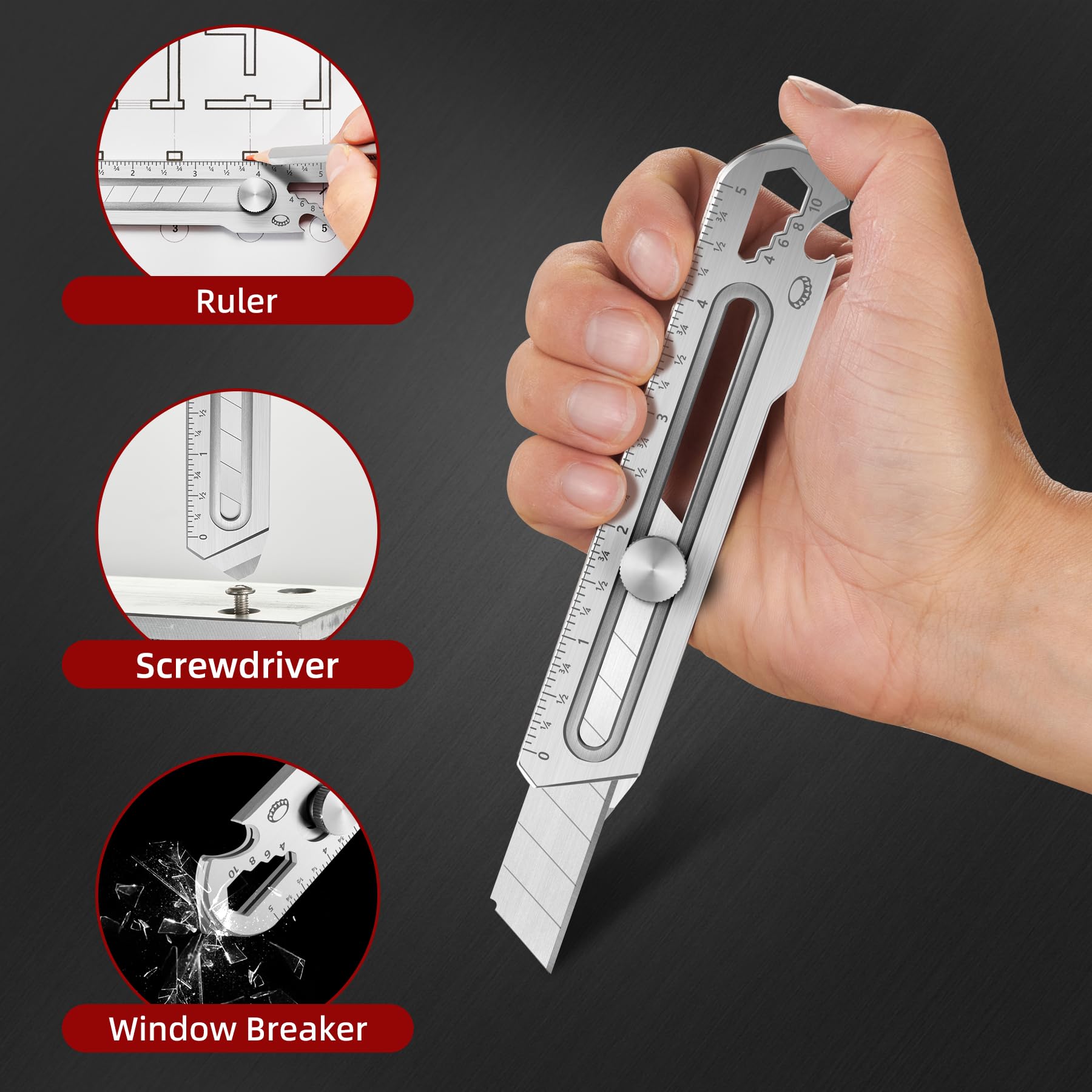 BECOWIN 7-In-1 Mutipurpose Utility Knife, Stainless Steel Retractable Box Cutter, Heavy Duty Snap off Cutter Knife with 10PC 18MM SK5 Blades, Safety Lock Design