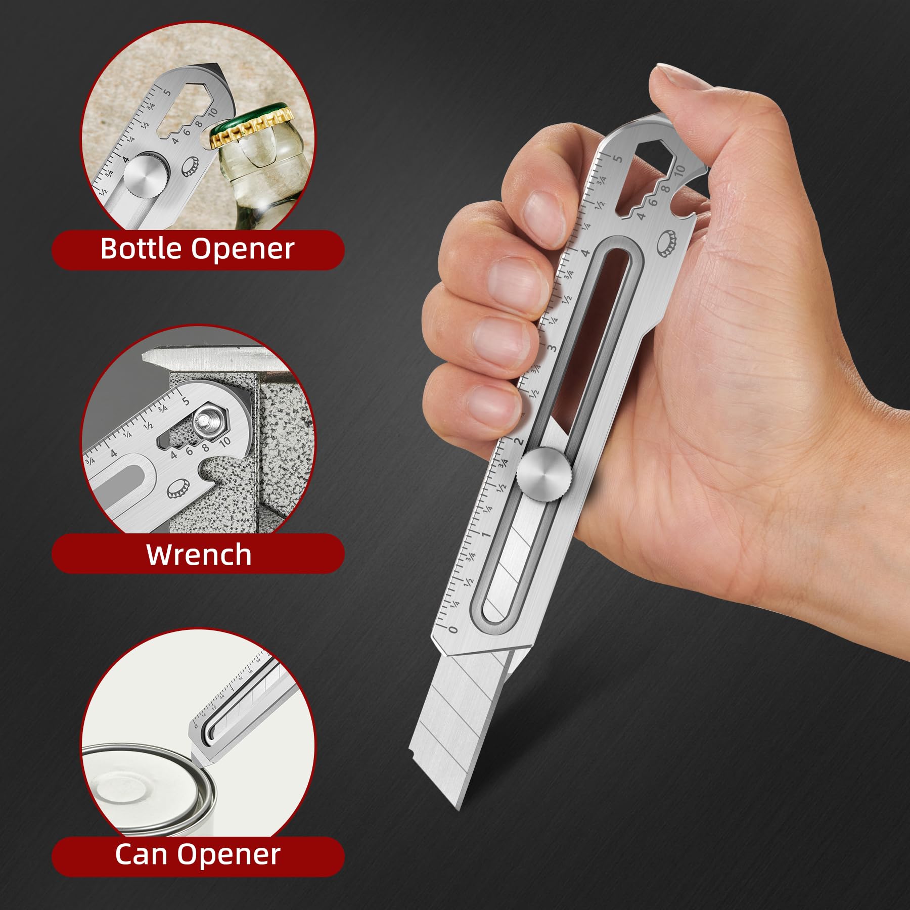 BECOWIN 7-In-1 Mutipurpose Utility Knife, Stainless Steel Retractable Box Cutter, Heavy Duty Snap off Cutter Knife with 10PC 18MM SK5 Blades, Safety Lock Design