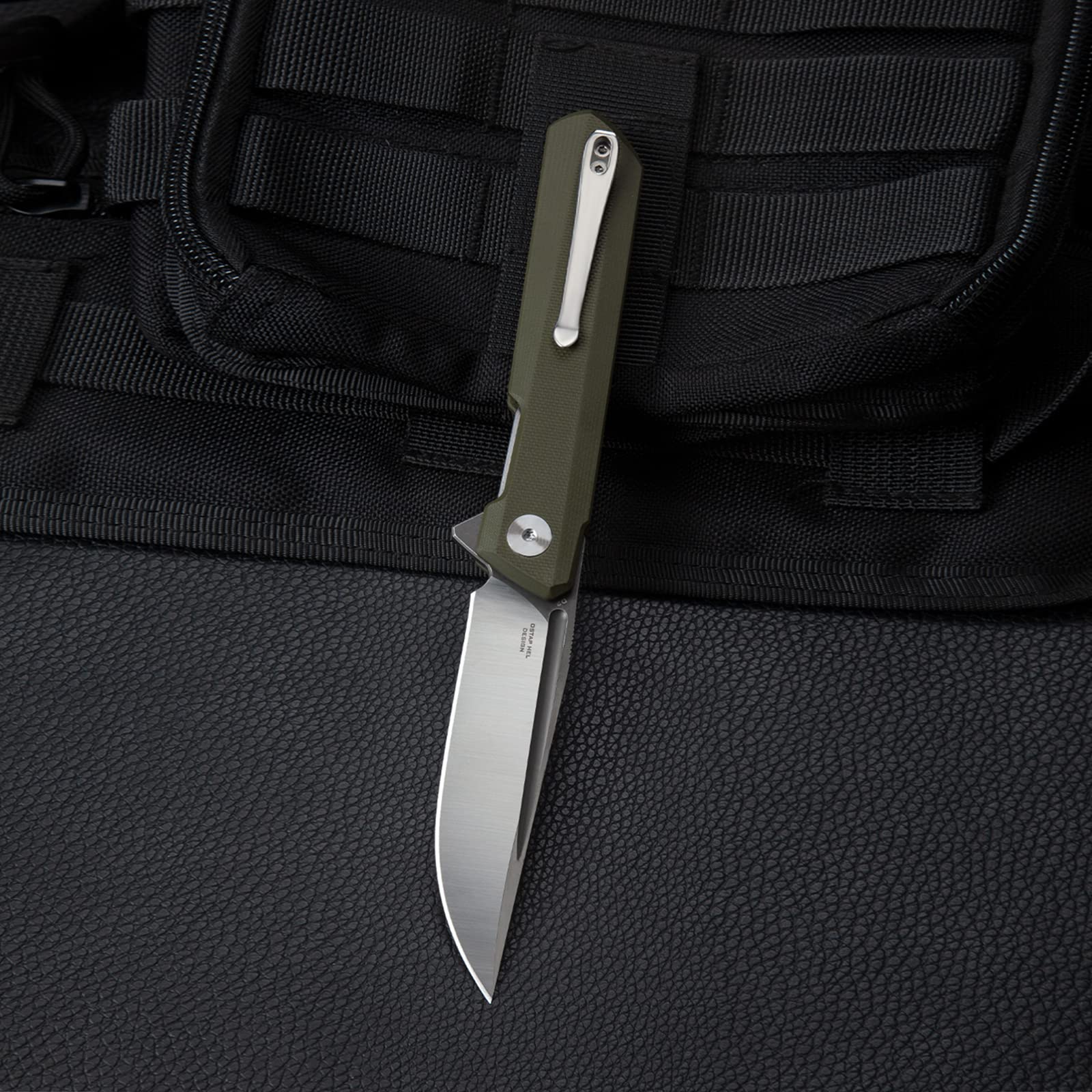 BESTECHMAN Dundee Pocket Folder Folding Knife: 3.35" D2 Steel Grey titanized Satin Blade, G10 Scales, Flipper, Liner Lock, EDC Reversible Deep Clip, BMK01E (OD Green Handle)