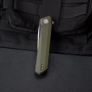 BESTECHMAN Dundee Pocket Folder Folding Knife: 3.35" D2 Steel Grey titanized Satin Blade, G10 Scales, Flipper, Liner Lock, EDC Reversible Deep Clip, BMK01E (OD Green Handle)