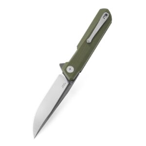 BESTECHMAN Dundee Pocket Folder Folding Knife: 3.35" D2 Steel Grey titanized Satin Blade, G10 Scales, Flipper, Liner Lock, EDC Reversible Deep Clip, BMK01E (OD Green Handle)