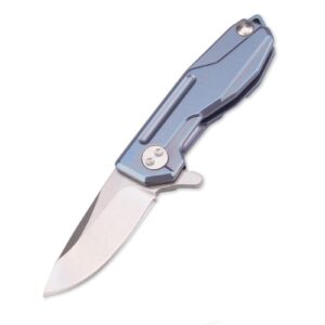 samior hy002 ultra small little folding pocket flipper knife, 1.3” d2 damascus blade, blue titanium handle with frame lock, mini edc keychain necklace knives (blue)