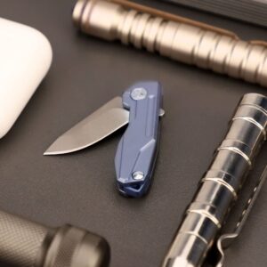 Samior HY002 Ultra Small Little Folding Pocket Flipper Knife, 1.3” D2 Damascus Blade, Blue Titanium Handle with Frame Lock, Mini EDC Keychain Necklace Knives (Blue)