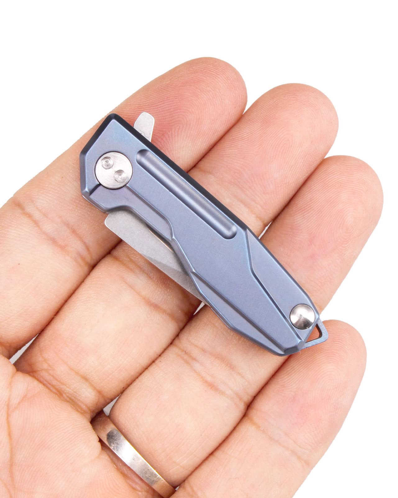 Samior HY002 Ultra Small Little Folding Pocket Flipper Knife, 1.3” D2 Damascus Blade, Blue Titanium Handle with Frame Lock, Mini EDC Keychain Necklace Knives (Blue)