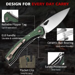 SHAN ZU Pocket Knife 3.2 in, 14C28N Steel Blade EDC Folding Knife for Men & Women, Utility Survival Knife with G10 Handle & Pocket Clip for Camping Fishing Hiking Hunting - Green