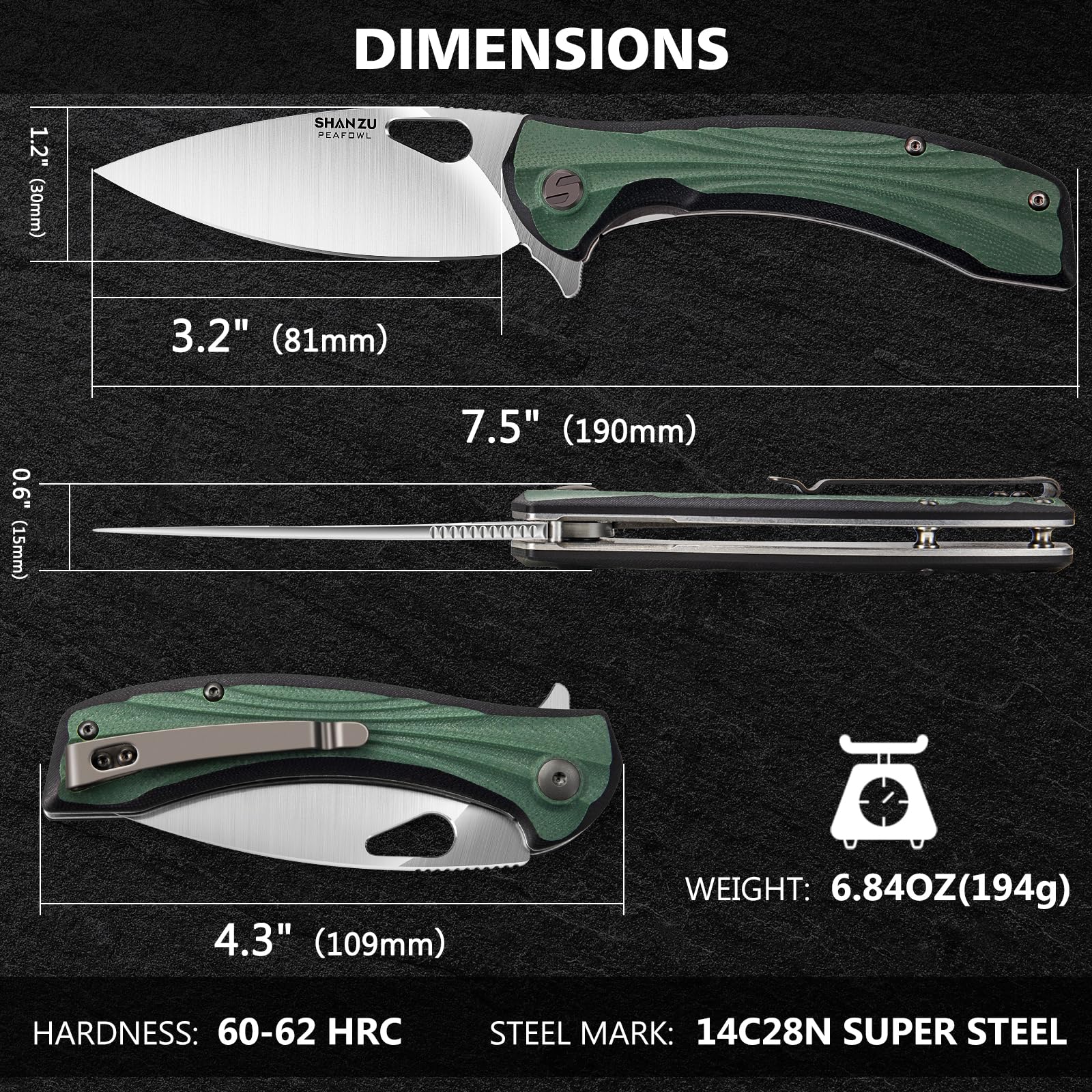 SHAN ZU Pocket Knife 3.2 in, 14C28N Steel Blade EDC Folding Knife for Men & Women, Utility Survival Knife with G10 Handle & Pocket Clip for Camping Fishing Hiking Hunting - Green