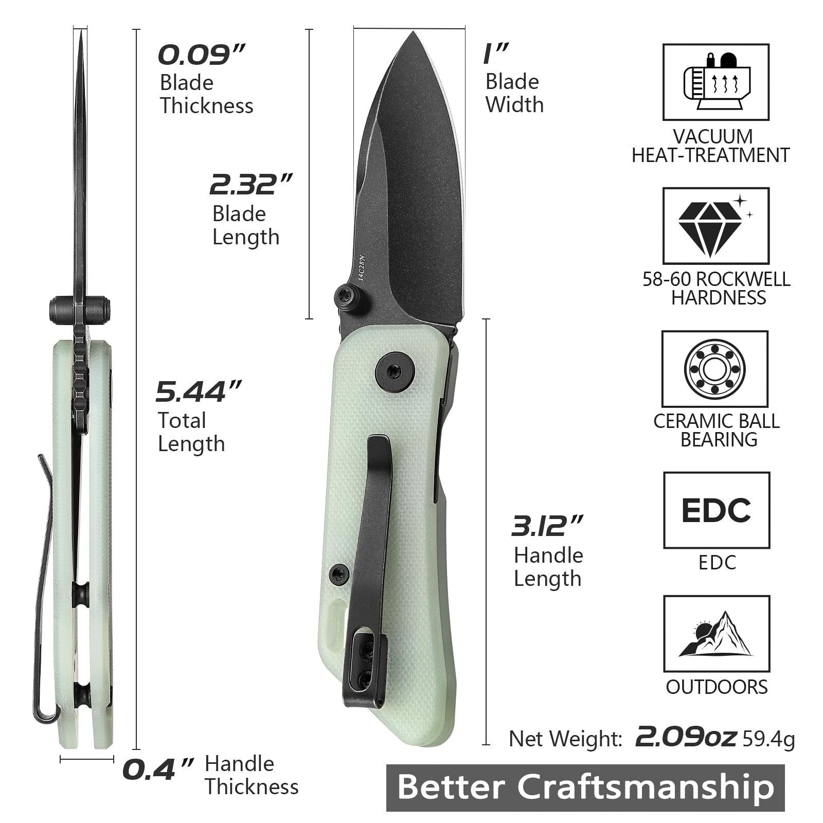 TRIVISA Folding Knife for EDC,2.32in Sandvik 14C28N Stainless Steel Blade, G10 Handle with Clip,Thumb Studs Pocket Knives Gift for Men,Bootes-03