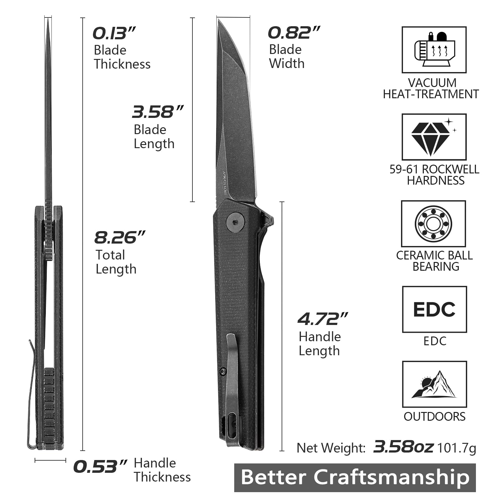 TRIVISA Pocket Knives for Men,3.58in Black Stonewashed Japanese Tanto 10Cr15CoMoV Blade with Front Flipper,Liner Lock Micarta Handle,Folding Deep Carry Clip Slim Knife for Women EDC Hunting,Equ-04B