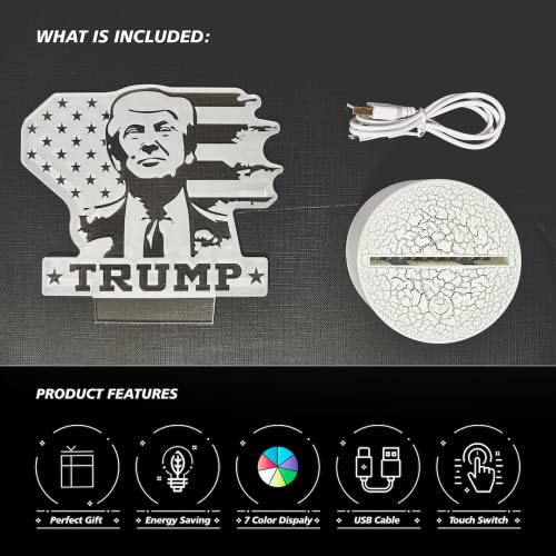 Ikavis 3D LED Night Light Trump 2024 Flat Acrylic Illusion Lighting Lamp with 7 Colors and Touch Sensor, Trump Fan Nightlight Gift