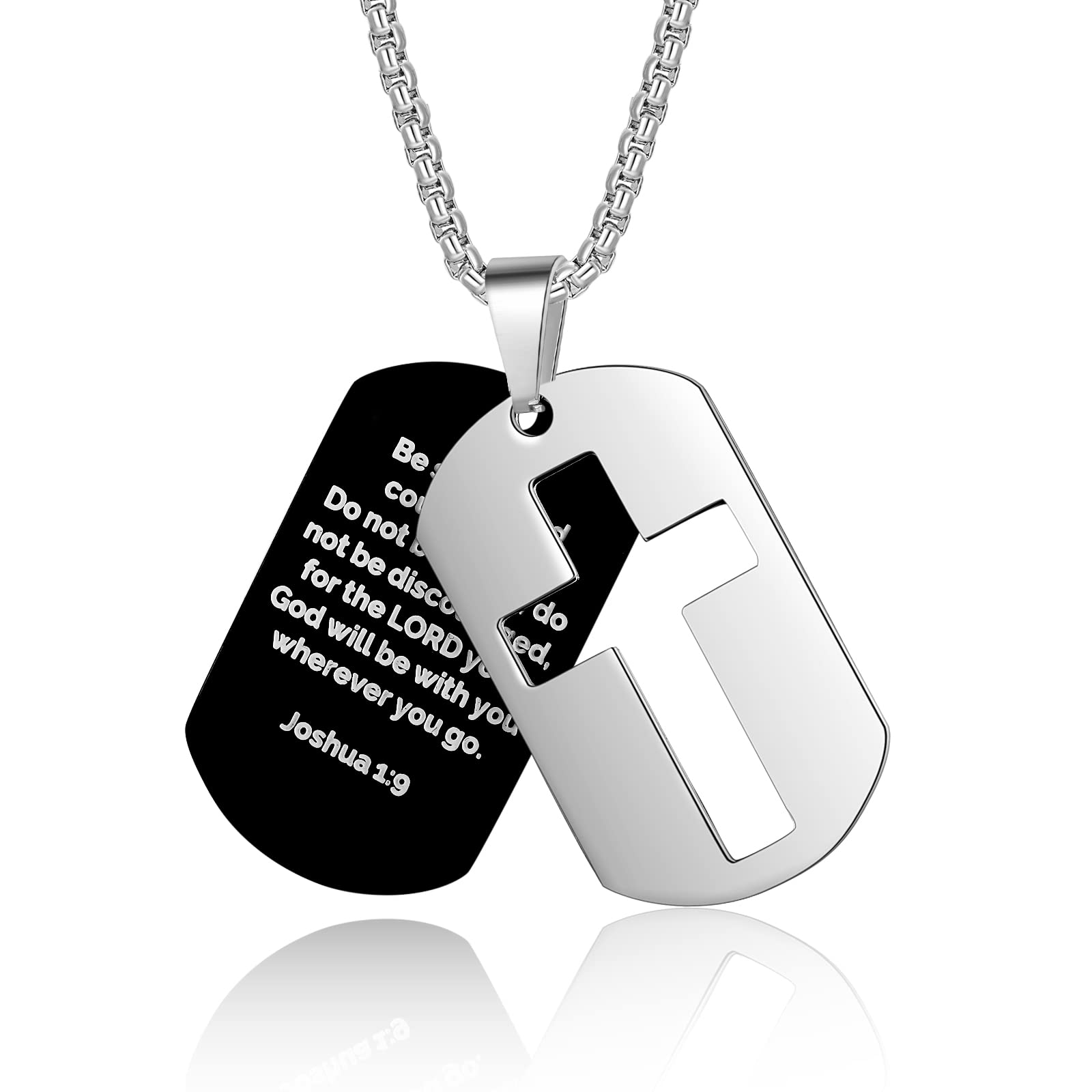 ZRAY Dog Tag Necklace for Men Bible Verse Cross Pendant Stainless Steel Chain 24inch Inspirational Christian Jewelry Meaningful Religious Gift（Be Strong）