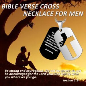 ZRAY Dog Tag Necklace for Men Bible Verse Cross Pendant Stainless Steel Chain 24inch Inspirational Christian Jewelry Meaningful Religious Gift（Be Strong）