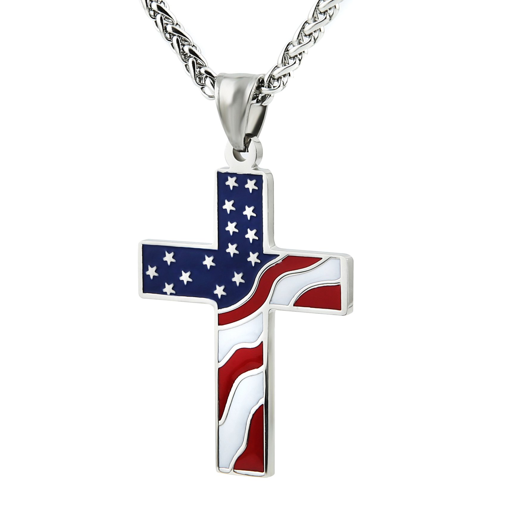 HZMAN American Flag Patriotic Cross Religious Jewelry Pendant Necklace, Silver