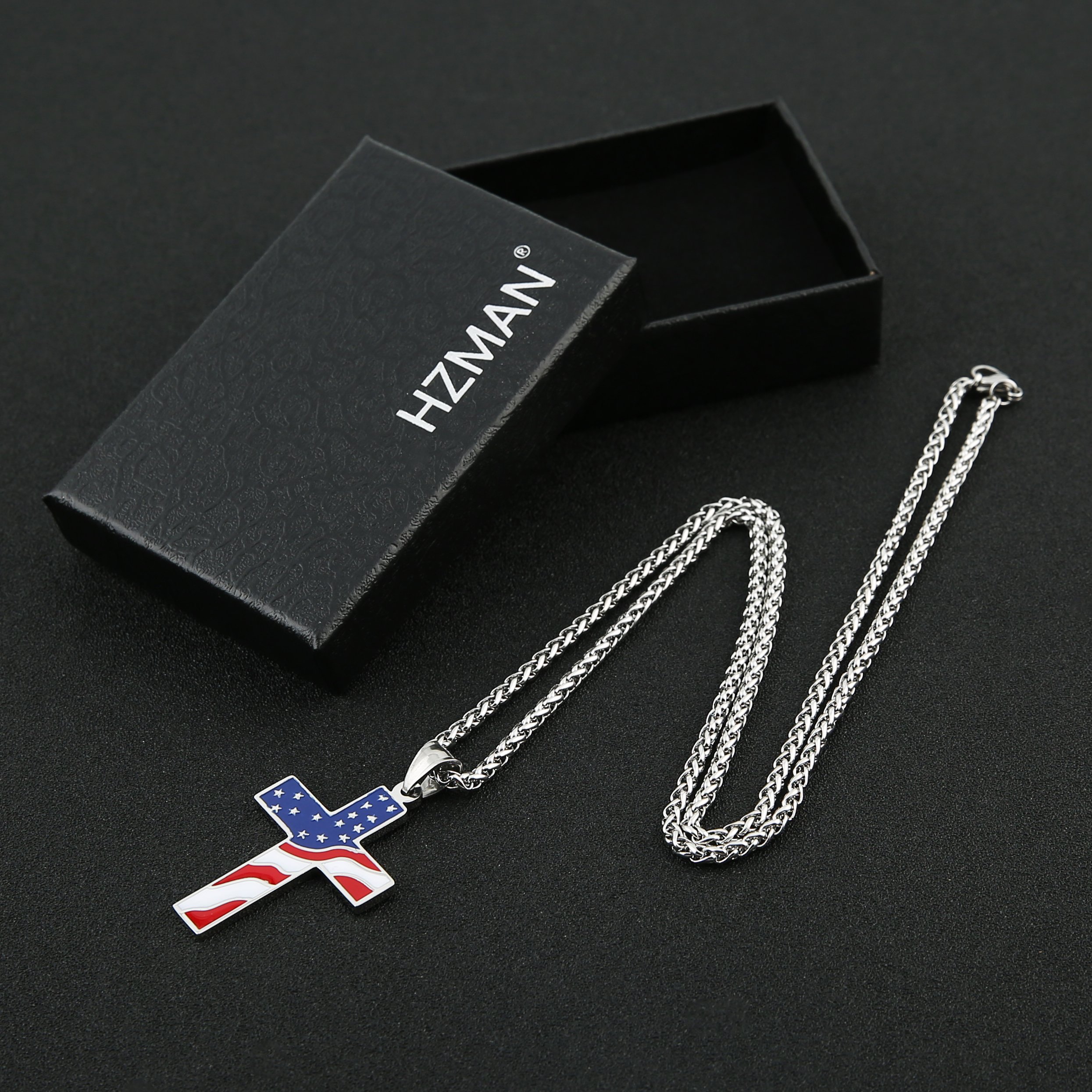 HZMAN American Flag Patriotic Cross Religious Jewelry Pendant Necklace, Silver