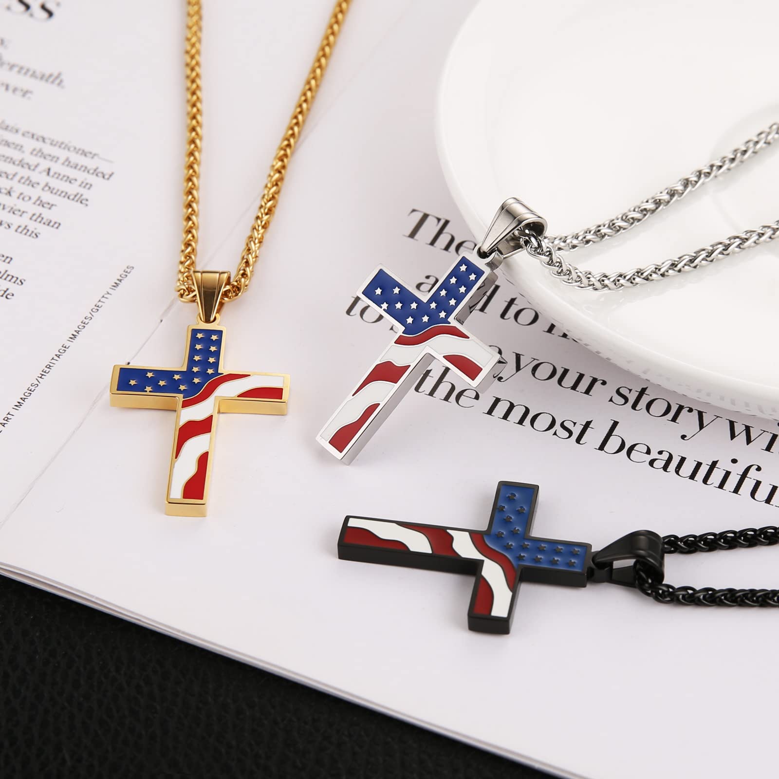 HZMAN American Flag Patriotic Cross Religious Jewelry Pendant Necklace, Silver