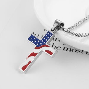 HZMAN American Flag Patriotic Cross Religious Jewelry Pendant Necklace, Silver