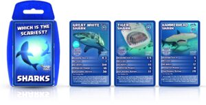 top trumps sharks classics card game, learn about great white sharks, tiger sharks and hammerheads in this educational pack, gift and toy for boys and girls aged 6 plus