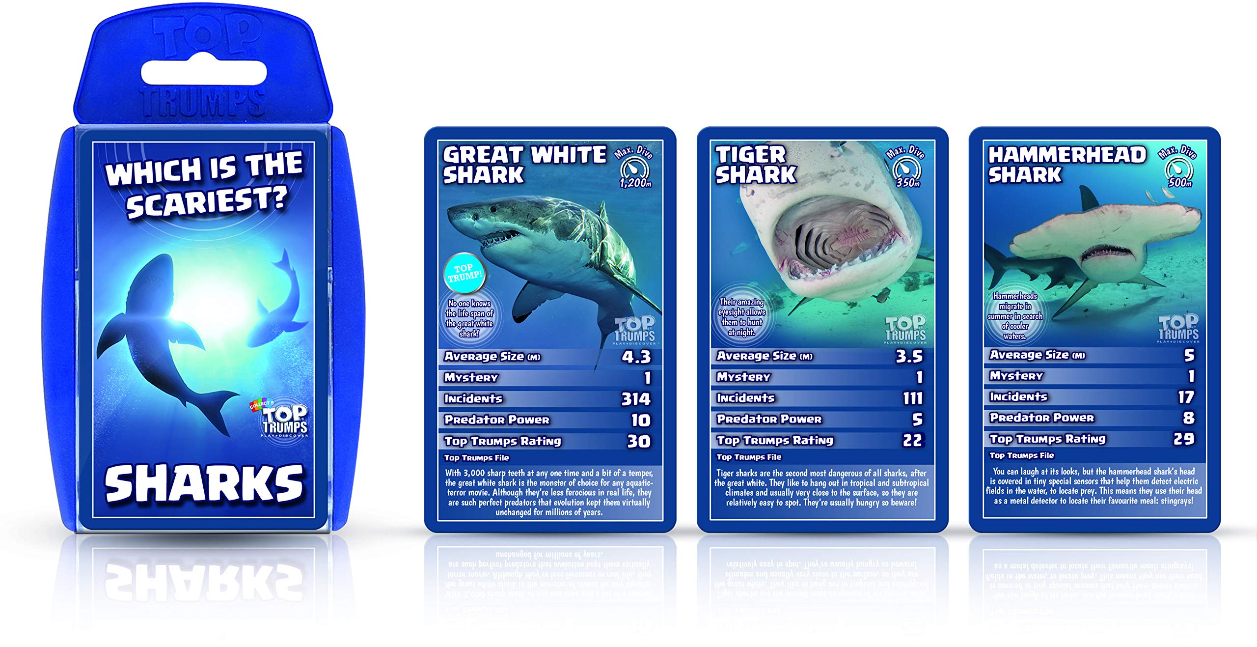 Top Trumps Sharks Classics Card Game, learn about Great White Sharks, Tiger Sharks and Hammerheads in this educational pack, gift and toy for boys and girls aged 6 plus