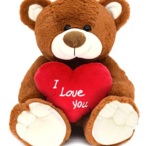 I Love You! 10'' Teddy Bear with Red Heart, Soft Plush Bear Doll Stuffed Animal Toys Valentines Day Decor Gifts for Her/Girlfriend Lover Mom Kids (Brown)