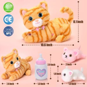 Electronic Cat Stuffed Animals Toys for Ages 3 4 5 6 7 8+ Years Old Kids - Mommy Cat with 2 Baby Kitty in Her Tummy, Idea Xmas Birthday Gifts for Baby, Toddler, Girls, Boys (Yellow)