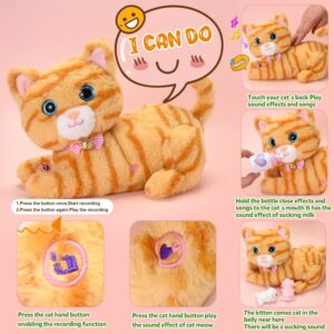 Electronic Cat Stuffed Animals Toys for Ages 3 4 5 6 7 8+ Years Old Kids - Mommy Cat with 2 Baby Kitty in Her Tummy, Idea Xmas Birthday Gifts for Baby, Toddler, Girls, Boys (Yellow)