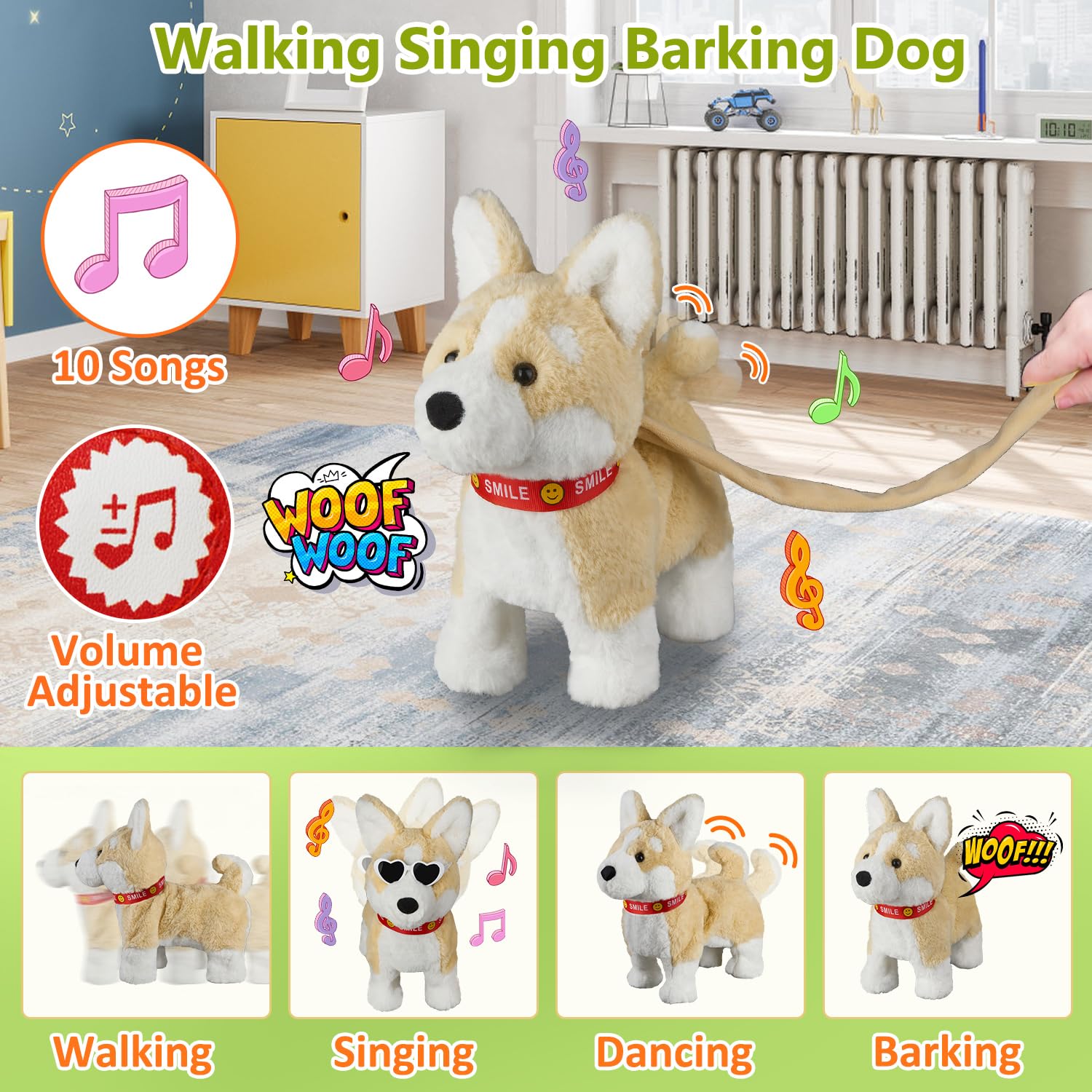 HCdoujoy Corgi Walking Dog Barking Toy, Musical Singing Dancing Dog, Volume Control Interactive Puppy Walk Along with Leash, Wagging Tail Shaking Head, Electronic Dog Stuffed Animal Puppy for Kid