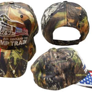 All Aboard The Trump Train 2020 Woodland Camo USA Flag Bill Embroidered Hat Cap