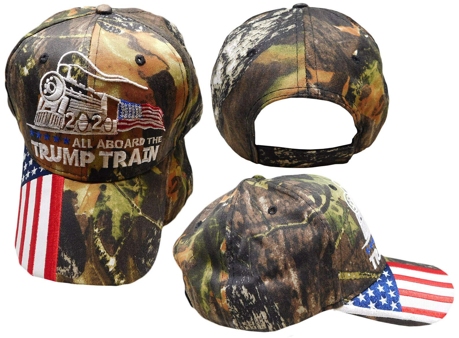 All Aboard The Trump Train 2020 Woodland Camo USA Flag Bill Embroidered Hat Cap