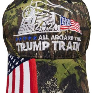 All Aboard The Trump Train 2020 Woodland Camo USA Flag Bill Embroidered Hat Cap