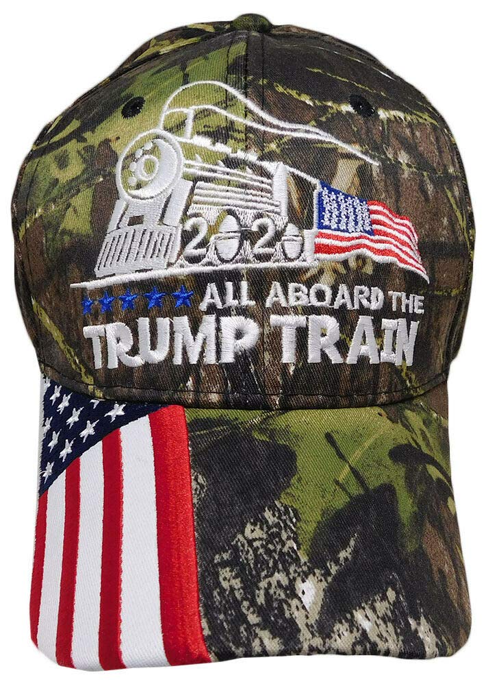 All Aboard The Trump Train 2020 Woodland Camo USA Flag Bill Embroidered Hat Cap