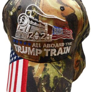 All Aboard The Trump Train 2020 Woodland Camo USA Flag Bill Embroidered Hat Cap