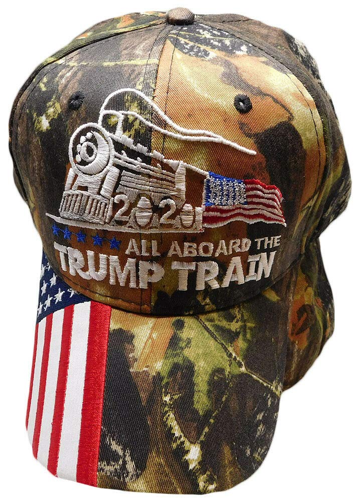 All Aboard The Trump Train 2020 Woodland Camo USA Flag Bill Embroidered Hat Cap