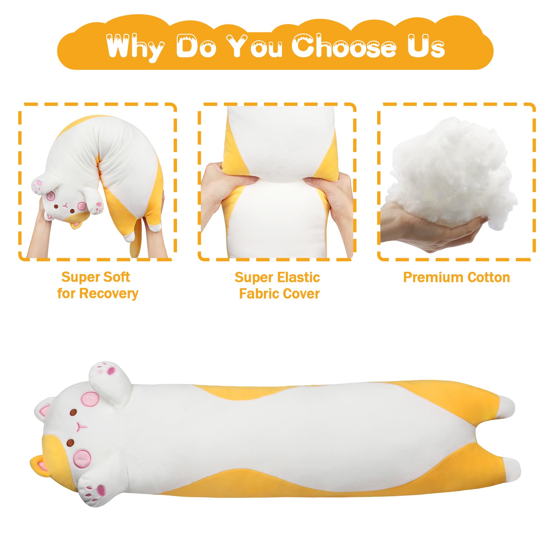 Achwishap Long Yellow Cat Plush Pillow 35.5", 1.7lb Weighted Cat Plush, Long Cuddly Sleeping Hugging Stuffed Animal, Giant Cute Body Pillow, Beloved Plush Toy Gifts at Birthday