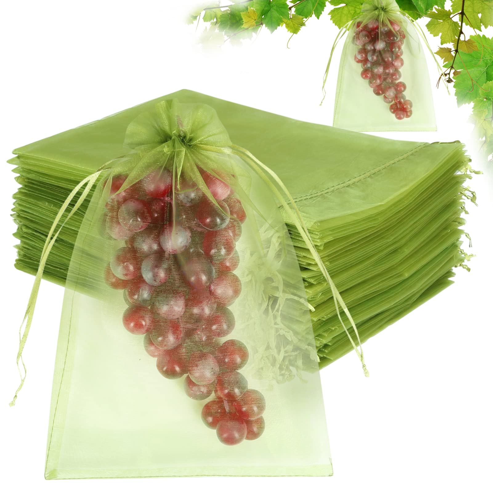 100pcs Fruit Protection Bags 8x12 inch, Green Netting Cover Bags Drawstring Mesh Fruit Protectors Pest Barrier for Grapes Mango Fruit Trees Veggies Garden