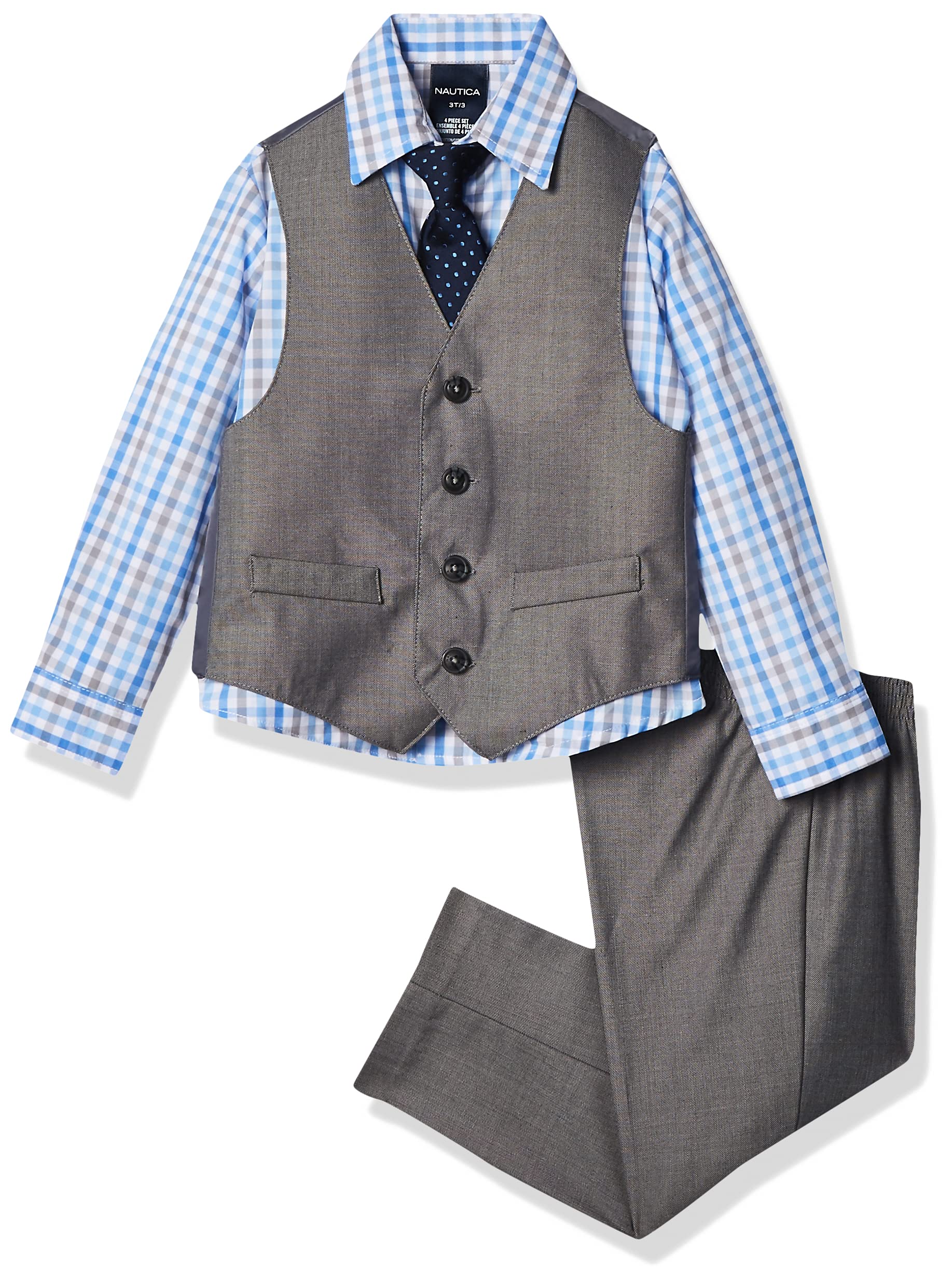 Nautica boys 4-piece Vest Set With Dress Shirt, Tie, Vest, and Pants Suit, Light Gray, 3T US