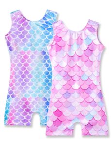 nymphperi girls gymnastics leotards size 6-7 years old sparkly blue pink mermaid scale biketards with shorts for children practice workout