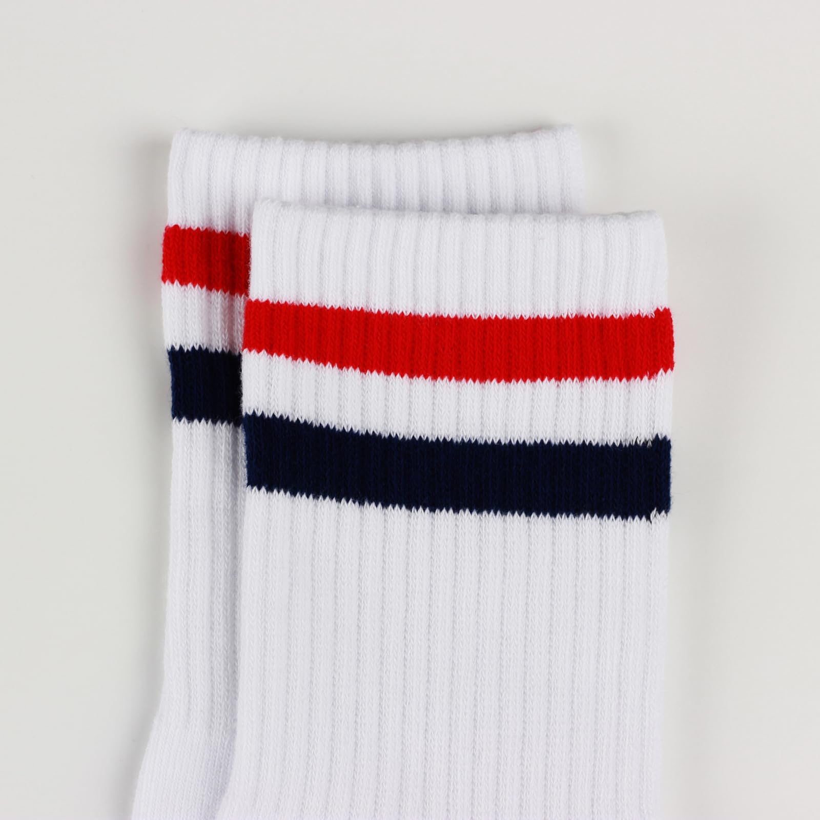 COTTON DAY Unisex School Kids Boys Girls Soft Cotton White Athletic Socks with Retro Red Blue Stripes 8-10 Years Size L (10)