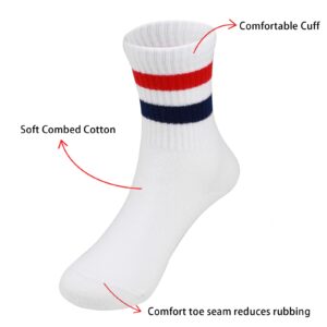 COTTON DAY Unisex School Kids Boys Girls Soft Cotton White Athletic Socks with Retro Red Blue Stripes 8-10 Years Size L (10)