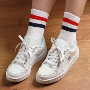 COTTON DAY Unisex School Kids Boys Girls Soft Cotton White Athletic Socks with Retro Red Blue Stripes 8-10 Years Size L (10)